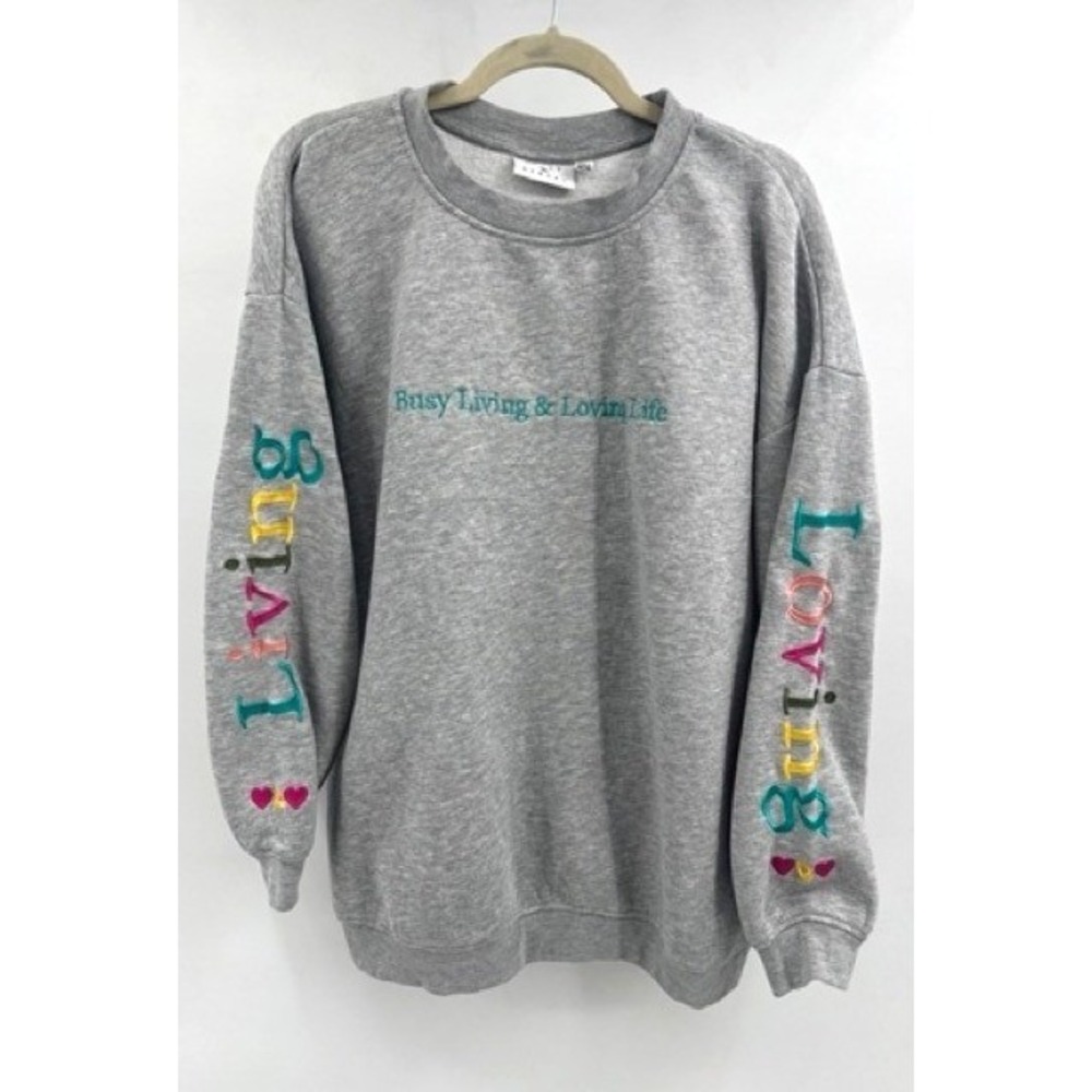 Daisy Street Womens Grey Busy Living Lovin Life Embroidered Sweatshirt Medium